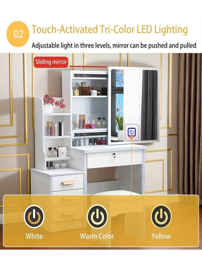 Beauenty Vanity Table with LED Light Mirror  Vanity  Desk Chair Set with Mirror Makeup Table with Stool Dressing Table with Storage Drawer Shelves Vanity Table with Lots Storage for Bedroom. (White) - Image 2